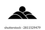 A flat black vector graphic icon featuring abstract rolling hills or mountains with a sun rising behind them on a white background