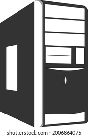 Flat black vector icon of the computer system unit housing. The vector image is isolated on a white background.