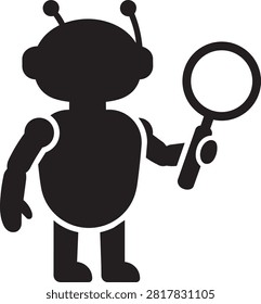 Flat black vector icon of a cute robot holding magnifyingglass