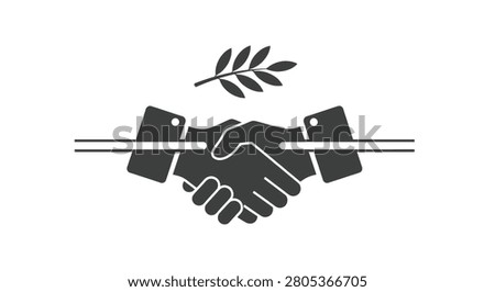 A flat black vector icon depicting a handshake combined with an olive branch symbol representing peace agreement diplomacy cooperation and business partnership.