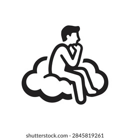 A flat black vector icon featuring a person sitting on a cloud while thinking. Ideal for concepts of daydreaming, creativity, imagination, and design.
