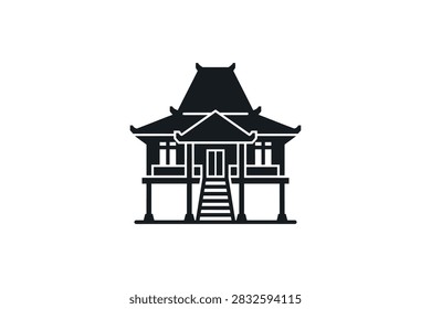 A flat black vector icon representing a traditional stilt house or vernacular architecture building with stairs and roof details on a white background