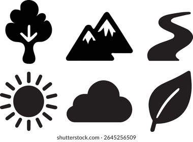 A flat black vector icon set featuring natural elements like tree, mountain, sun, cloud, and leaf. Ideal for eco, outdoor, and weather-themed designs.