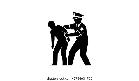 A flat black vector icon showing a police officer apprehending and restraining a criminal suspect on a white background