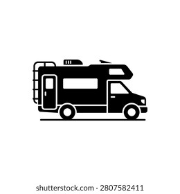 A flat black vector icon showing a side view of a recreational vehicle or camper van with a ladder