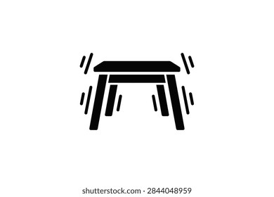 A flat black vector icon showing a stool with motion lines indicating it is shaky, wobbly, unstable, or vibrating on a white background