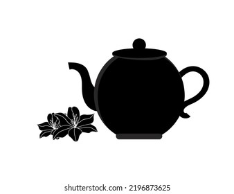 
Flat black vector icon - teapot and flowers (jasmine).