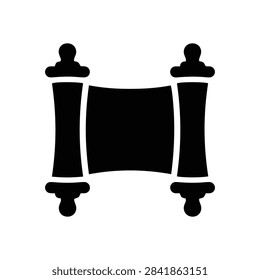 A flat black vector icon of a Torah scroll, representing Jewish culture, religion, history, and education. Suitable for web or print design projects.