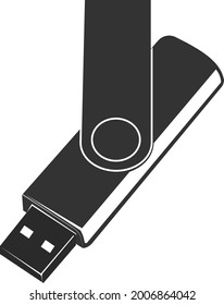 Flat black vector icon of a USB drive. The vector image is isolated on a white background.