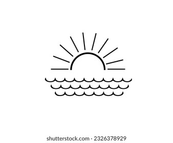 Flat black vector icon - waves and sun. Rest, vacation