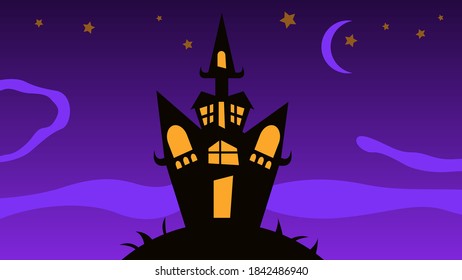 Flat black vector scary house or castle illustrationm banner background design for Halloween holiday.