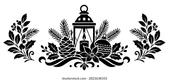 Flat black vector silhouette of a Christmas lantern with pine cones and holly for festive holiday border designs.