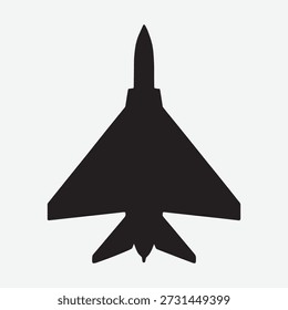 A flat black vector silhouette of a delta-wing jet airplane viewed from above, featuring sharp triangular wings and a streamlined fuselage. The aircraft’s bold geometric design is rendered in clean, minimal style, emphasizing its aerodynamic shape. Ideal for aviation-themed graphics, military illustrations, logos, and print-ready assets. Isolated on a white background for seamless integration.