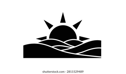 A flat black vector silhouette icon featuring a rising sun over stylized rolling ocean waves on a white background