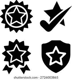 Ícones de silhueta de vetor preto plano mostrando emblemas de habilidades, experiência verificada, realizações e profissionalismo confiável