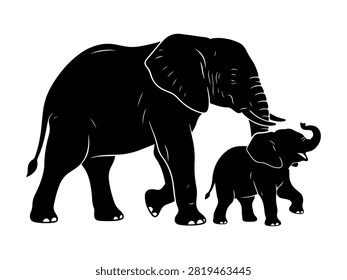 A flat black vector silhouette illustration of an adult African elephant walking beside a small happy baby elephant calf