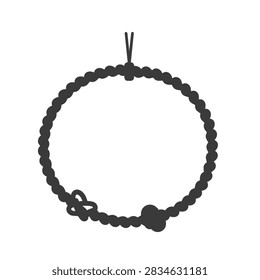 A flat black vector silhouette illustration of a circular prayer bead rosary with a small cross and decorative knot detail isolated on a white background
