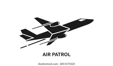 A flat black vector silhouette of a military aircraft in flight symbolizing air patrol and aerial surveillance operations