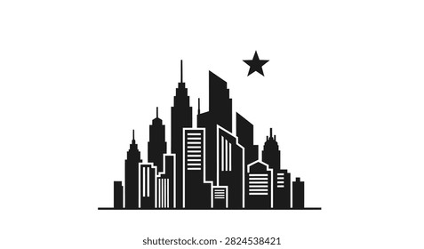 A flat black vector silhouette of a modern city skyline featuring diverse skyscrapers and a prominent star icon on a white background.