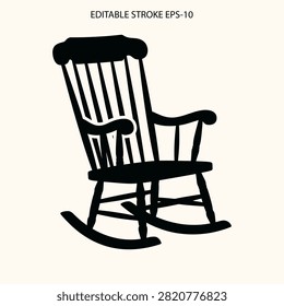 A flat black vector silhouette of an oldfashioned wooden rocking chair isolated on a plain light background