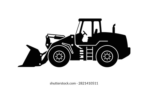 A flat black vector silhouette of a powerful industrial wheel loader heavy construction vehicle on a plain white background