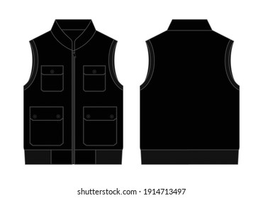 Flat Black Vest With Multiple Pockets Vector For Template.Front and Back Views.
