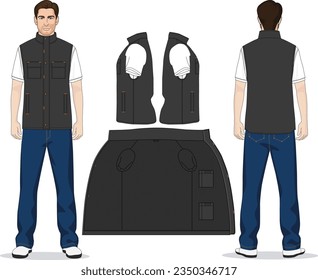 Flat Black Vest With Multiple Pockets Vector For Template.Front and Back Views Çok Cepli Yelek