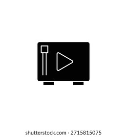 Ícone de player de vídeo preto plano mostrando um triângulo de reprodução e um controle deslizante vertical em uma tela pequena.