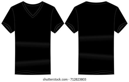 Flat Black V-Neck Shirt Vector For Template.Front and Back Views.