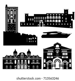 Flat black and white building of Monaco country, travel icon landmarks in Monte Carlo. City architecture. World travel vacation sightseeing European collection vector illustration