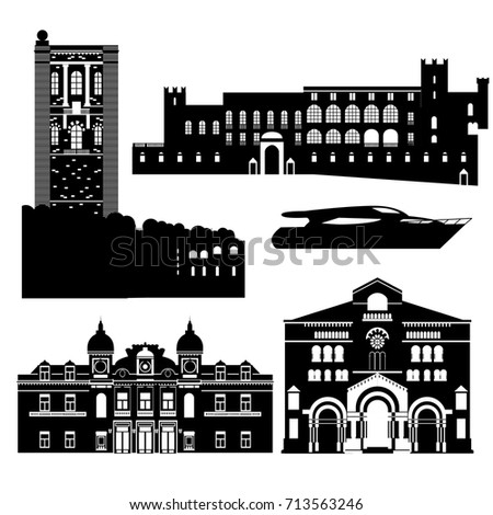 Flat black and white building of Monaco country, travel icon landmarks in Monte Carlo. City architecture. World travel vacation sightseeing European collection vector illustration