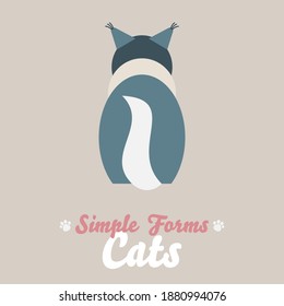 Flat black white cat sitting back view isolate vector. Cartoon illustration domestic blue cat logo icon. Art symbol adorable pet. Sign flat style portrait modern abstract friendly blue grey cute cat