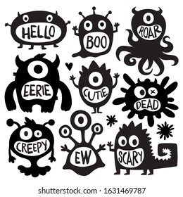 Flat black and white design style cartoon vector illustration set of cute monsters vectors. Scary spooky and creepy creatures isolated on white background. 