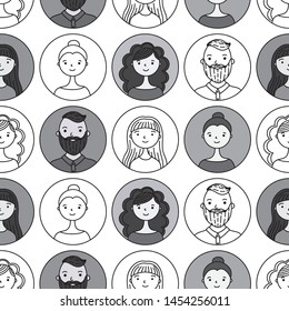 flat black and white doodle characters in round icons. vector seamless pattern. happy people. work team