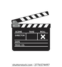 A flat black and white film slate or clapperboard icon used in cinema production for scene tracking