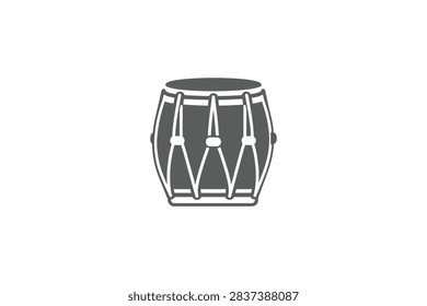 A flat black and white icon depicting a traditional Indian dholak percussion instrument featuring tension ropes and a cylindrical body design.