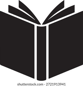 Un icono plano en blanco y negro que representa un libro abierto que simboliza el conocimiento y el aprendizaje.