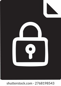 A flat black and white icon showing a padlock symbol superimposed on a document sheet, representing a secure or locked file.