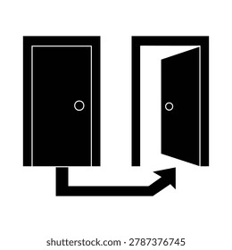 Flat black and white icon showing an arrow moving from a closed door to an open door. Symbolizes business career transition, job change opportunity, new life path, house relocation moving, future potential growth, exit strategy, or alternative legal choice.