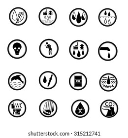 Flat black - white icons about ecology, water pollution, waste water, sewerage, sanitation, diseases, water purification and re-use for the needs of the economy