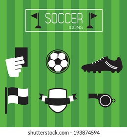 Flat black and white modern soccer icons set on green striped background
