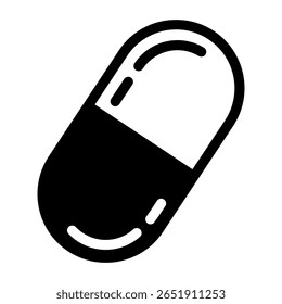 Ícone de pílula plana preto e branco no vetor EPS 10. Representa a cápsula farmacêutica ou o medicamento usado em assistência médica, aplicativos médicos, receitas digitais, serviços de farmácia, design de embalagem de produtos de saúde.