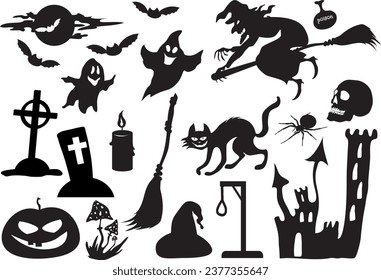 flat black and white set of vector silhouettes on the theme of Halloween