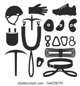 Flat black and white silhouette design elements of rock climber. Set with accessories and equipment. Hiker Instrument isolated. devices. Cloths, protection, ropes and carabiner