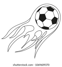 Flat black and white soccer fast ball flame. Sport vector illustration for icon, sticker sign, patch, certificate badge, gift card, stamp logo, label, poster, web banner, flayer