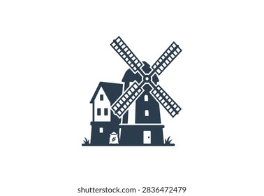 A flat black and white vector graphic icon featuring a rustic windmill and a small building structure, representing agricultural heritage and rural architecture.