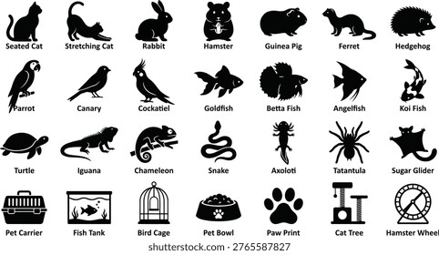 Flat black and white vector icon set featuring 24 common pets and animals. Includes mammals, birds, reptiles, fish, and invertebrates. Ideal for pet stores, veterinary clinics, educational materials, and animal care apps.