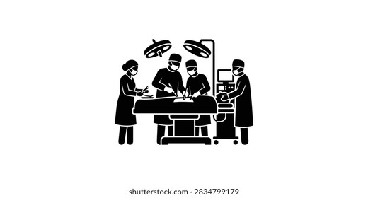 A flat black and white vector icon depicting a medical surgical team consisting of surgeons and nurses working around an operating table in a hospital theater