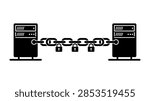 A flat black and white vector illustration of two server towers connected by a chain with integrated padlocks representing blockchain and secure data transmission.