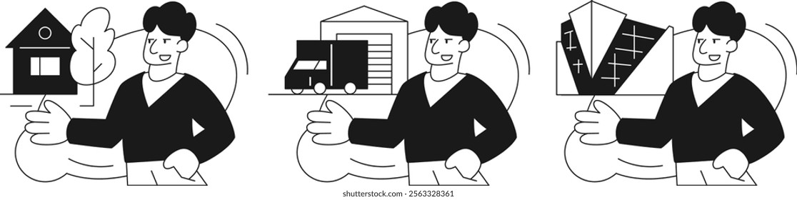 Flat black and white vector illustration. A set of illustrations. About real estate and commercial real estate